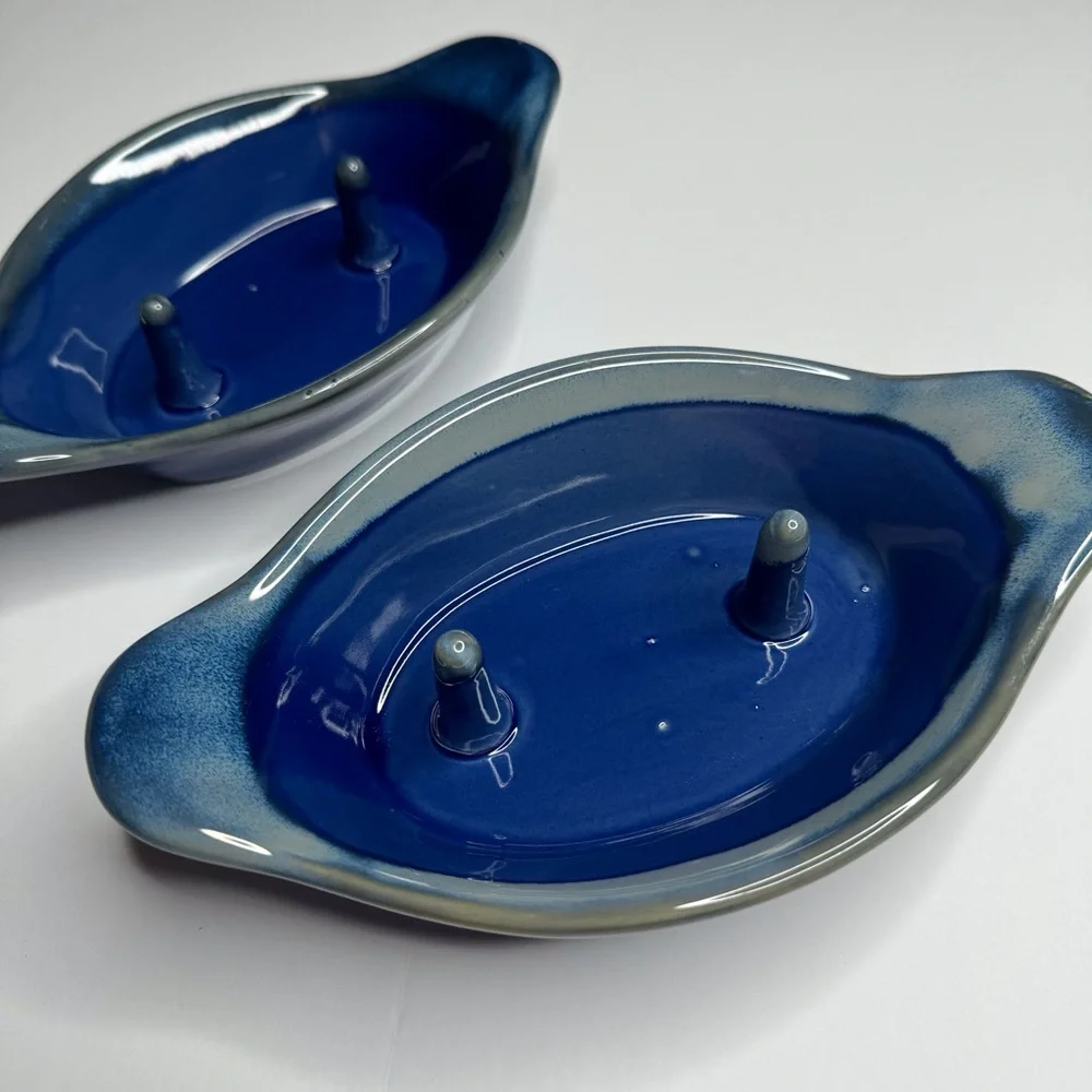 Set of 2 Ceramic Clay Baked Potato Cooker Holder Blue Speckle Glaze Farmcore - Picture 4 of 11
